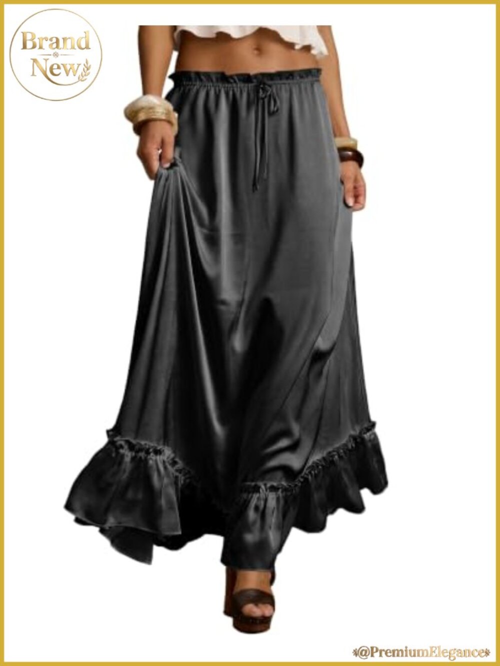 Satin Maxi Skirt with Pockets Ruffle Long Skirt for Women